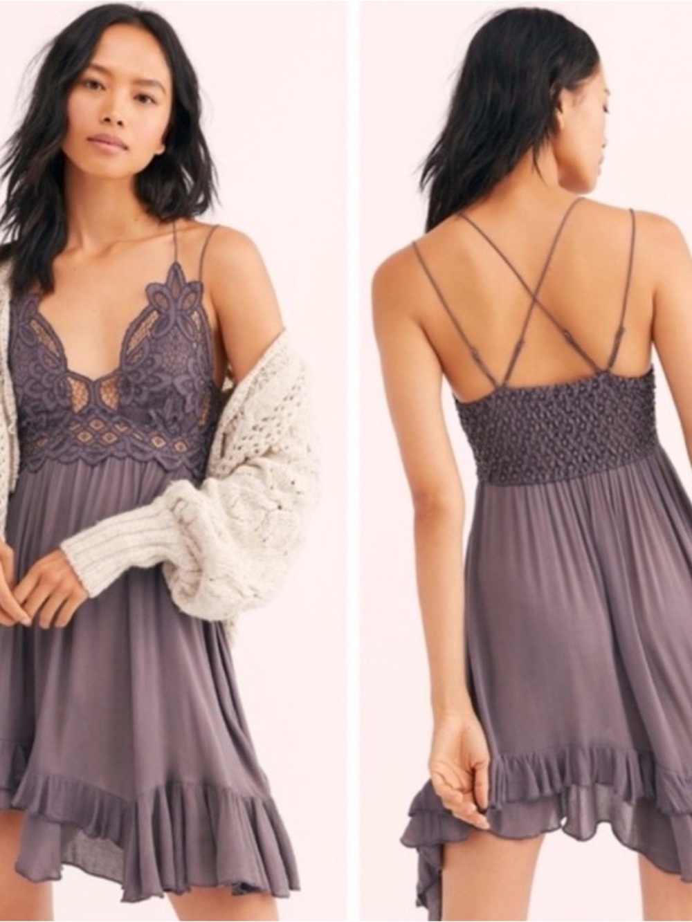 FREE PEOPLE "Adella" Mini Slip Dress With Lace Top, Dark Purple, Size XS